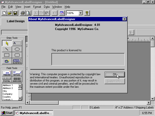 My Label Designer 4.01 Advanced for Windows. - Splash