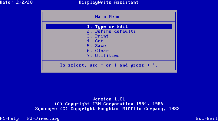 DisplayWrite Assistant 1.01 - Menu