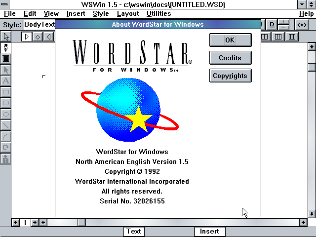 WordStar for Windows 1.5 - Splash