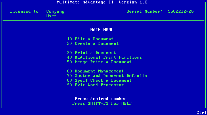 MultiMate Advantage II 1.0 - Menu