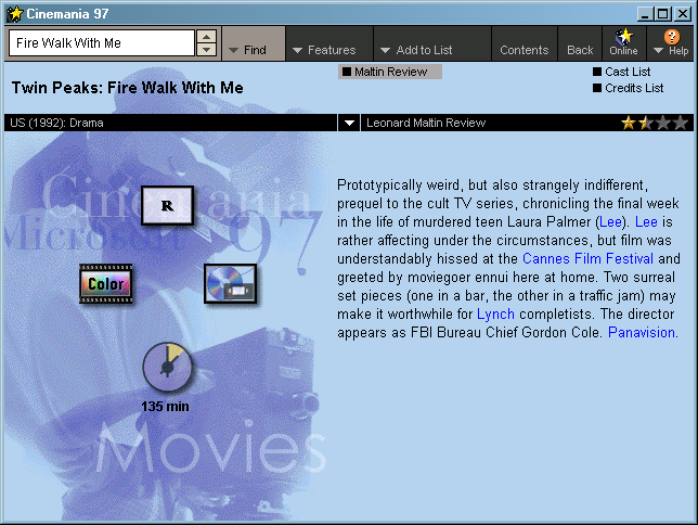 The page for "Twin Peaks: Fire Walk with Me." In this case, there aren't many extras such as clips, just barebones details about the film and a review.