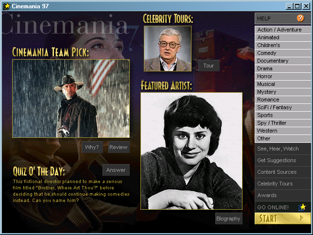 Start screen, where you can see some example items and start browsing by genre.
