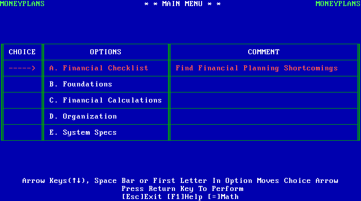 MoneyPlans 1.01 - Main Menu