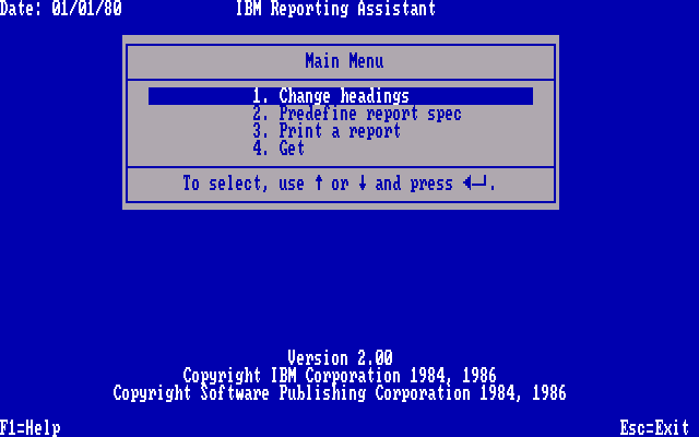 IBM Reporting Assistant 2.00 - Menu