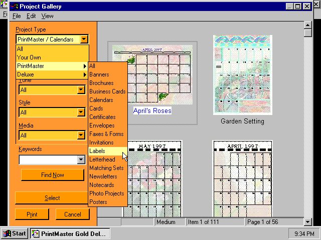 PrintMaster Gold 4.0 Deluxe - Menu
