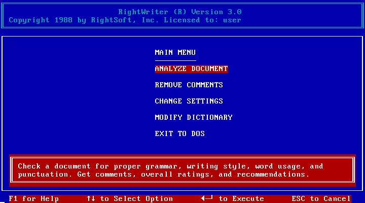 RightWriter 3.0 - Menu